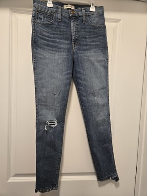 Madewell Womens High Rise Skinny Jeans Drop Step Hem Blue Distressed Denim