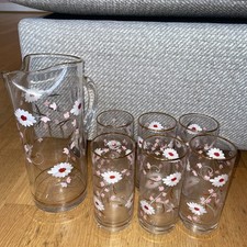 7-częściowy vintage ręcznie malowany szklany dzbanek stokrotkowy i zestaw bębnów lata 1950-70-te Cottage