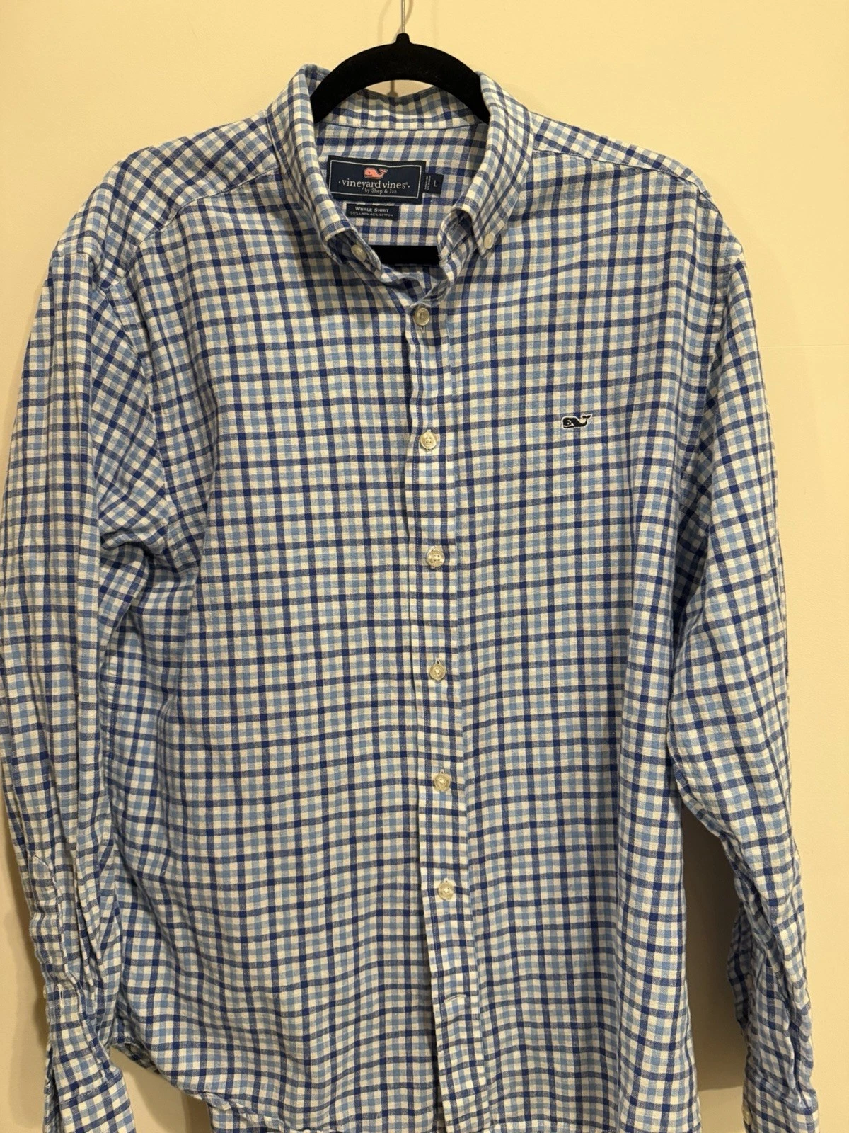 Vineyard Vines Whale Shirt Mens Large Blue White Gingham Check Linen Cotton