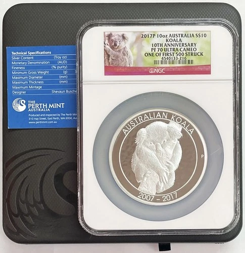 2017 SILVER AUSTRALIA $10 DOLLAR 10oz KOALA COIN NGC PROOF 70 UC BOX & COA