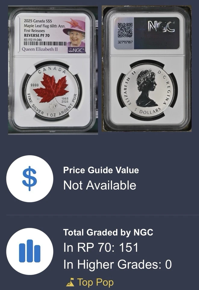 2025 $5 1 OZ SILVER CANADA 60TH MAPLE LEAF FLAG NGC PF70 QUEEN ELIZABETH - FR - Image 3 of 4