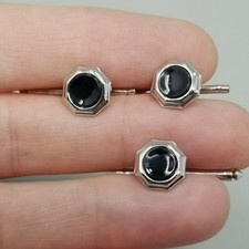 Vintage Set of 3 Shirt Button Tuxedo Studs Black Enamel Silver Tone