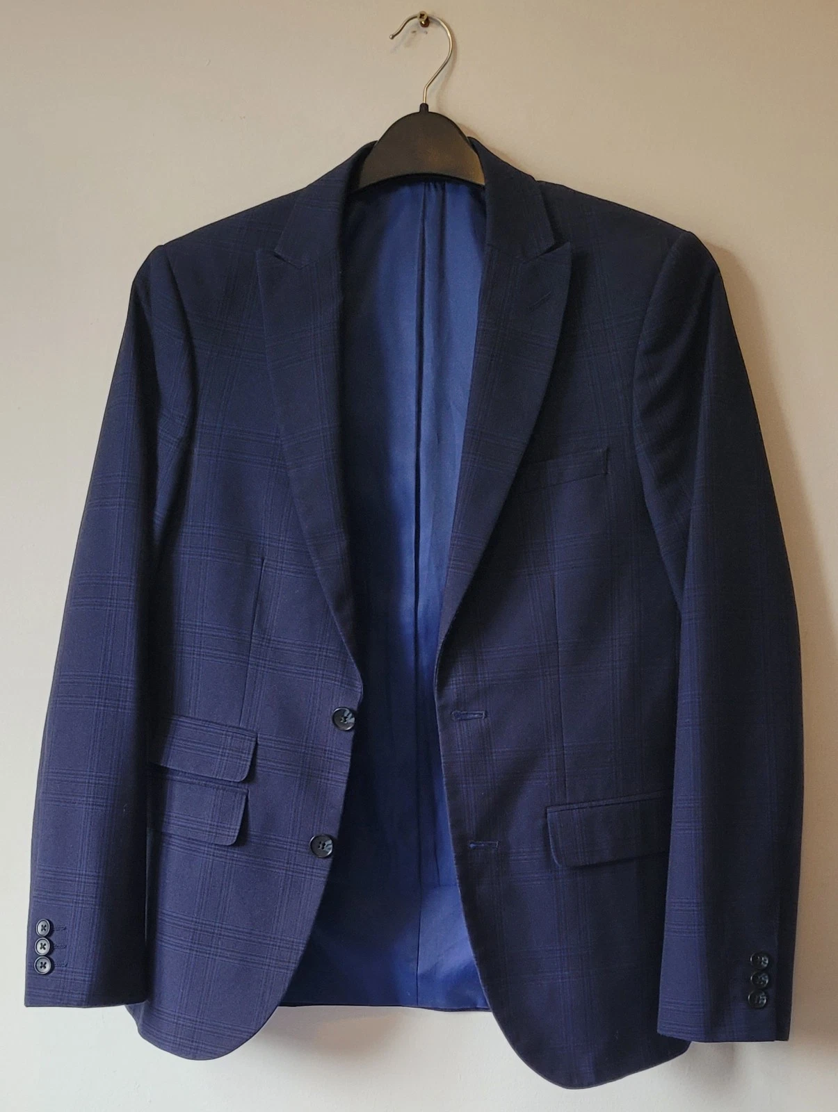 Moss London Mens Jacket Blazer size Chest 36 Navy Checked Skinny fit lined