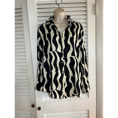 Philosophy Republic Clothing Wavy Abstract Print  Shirt Black Cream S NWT