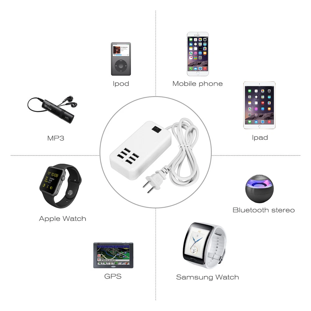 6-Port USB Fast Charging Station - Desktop & Wall Power Hub