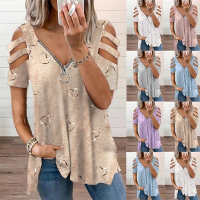Plus Size Women Sexy Summer Zipper Cold Shoulder T-Shirt V-Neck Casual Loose Top