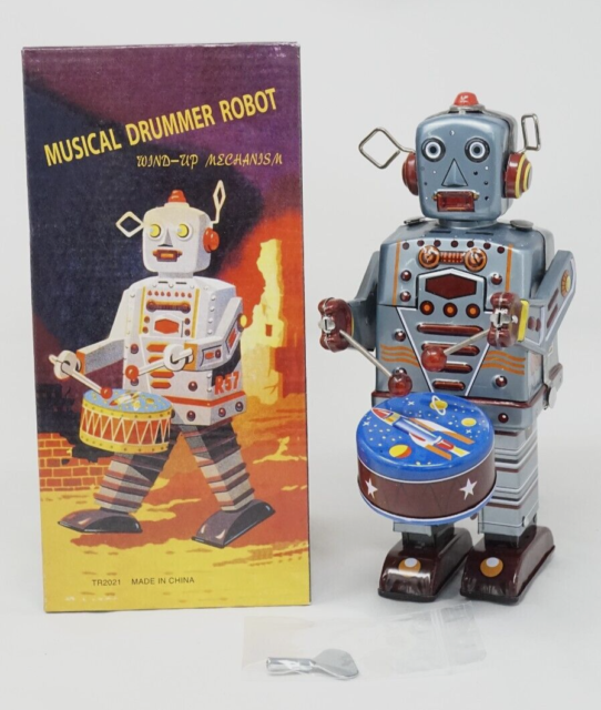 Vintage Musical Drummer Robot Tin Wind Up Mechanism - MINT IN BOX