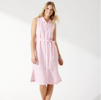 Tommy Bahama Womens Ventana Plaid Shirt Dress L Pink Linen Sleeveless Pockets