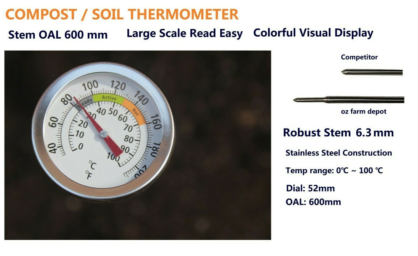 SUPER HEAVY DUTY COMPOST THERMOMETER 60cm LONG 6mm STEM 304 STAINLESS