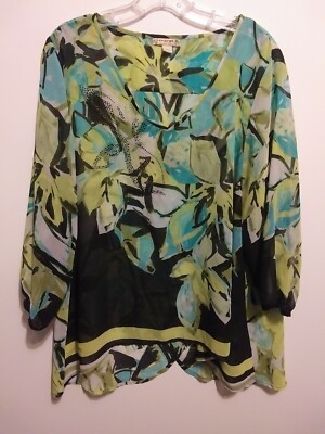 Energe World Wear Blouse, XL, Multicolor, Front Embellishment, Back Wrap Opening