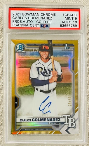 2021 BOWMAN CHROME CARLOS COLMENAREZ #28/50 GOLD 1ST AUTO PSA 9 AUTO 10 RAYS
