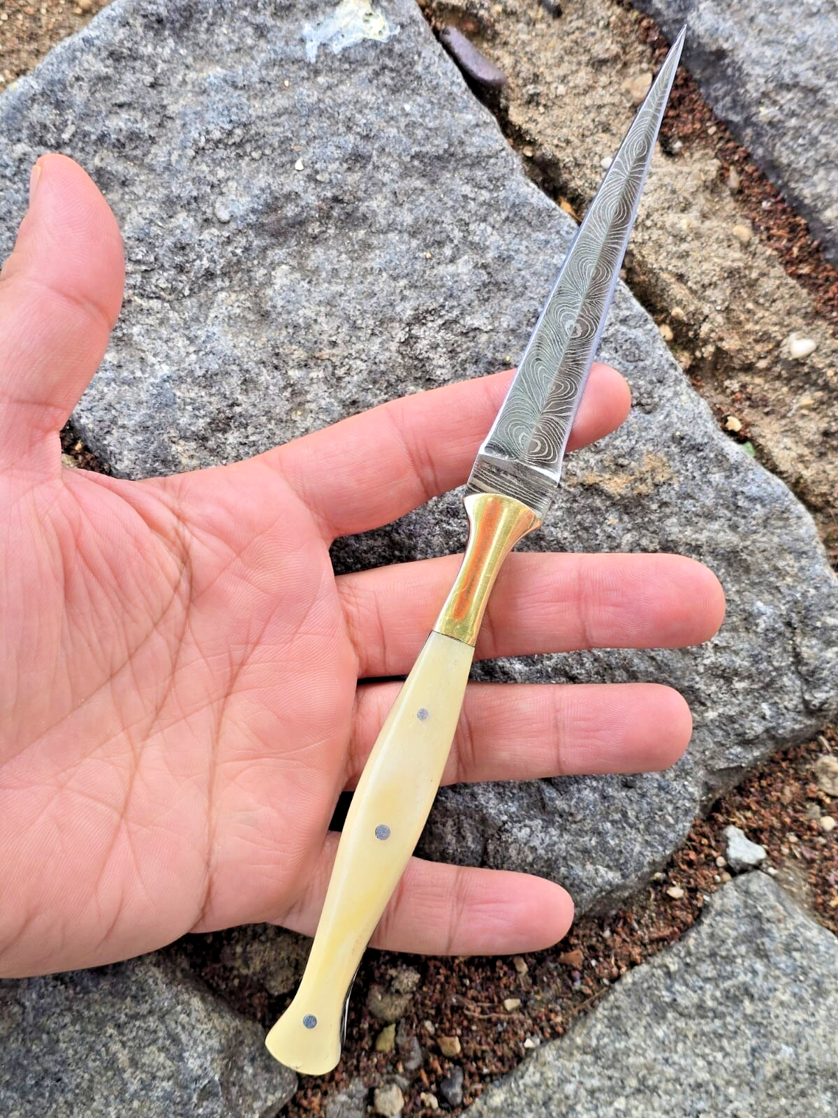 Damascus Double Edged Fix Blade Slick Tooth Pick Boot Knife Camel Bone ...