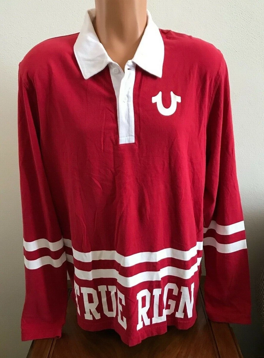 Men s Size XL True Religion Long Sleeve Polo Rugby Shirt Red White