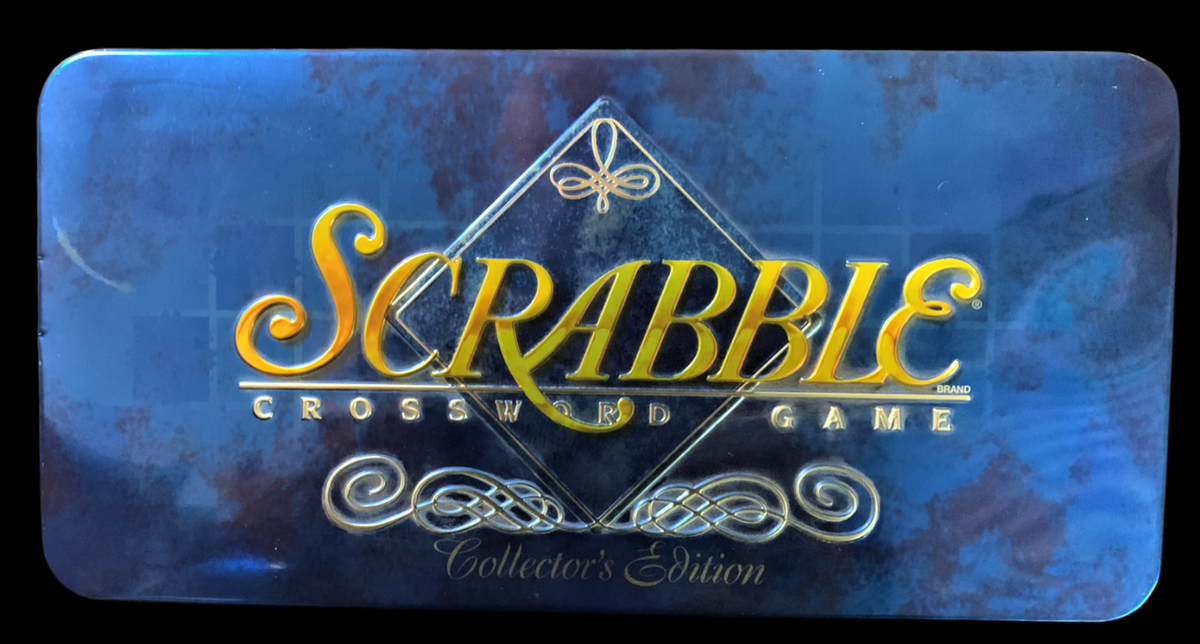 Scrabble Collector's Edition Crossword Word Game Deluxe Blue Tin