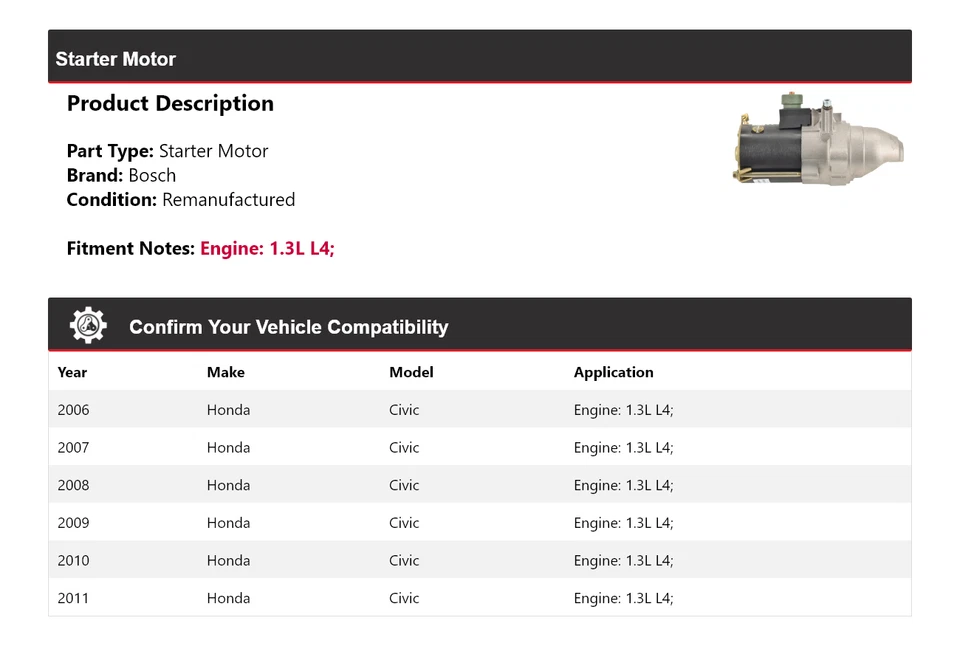 For 2006-2011 Honda Civic 1.3L L4 Bosch Starter (Remanufactured) 2007 2008 2009 - Image 2 of 4