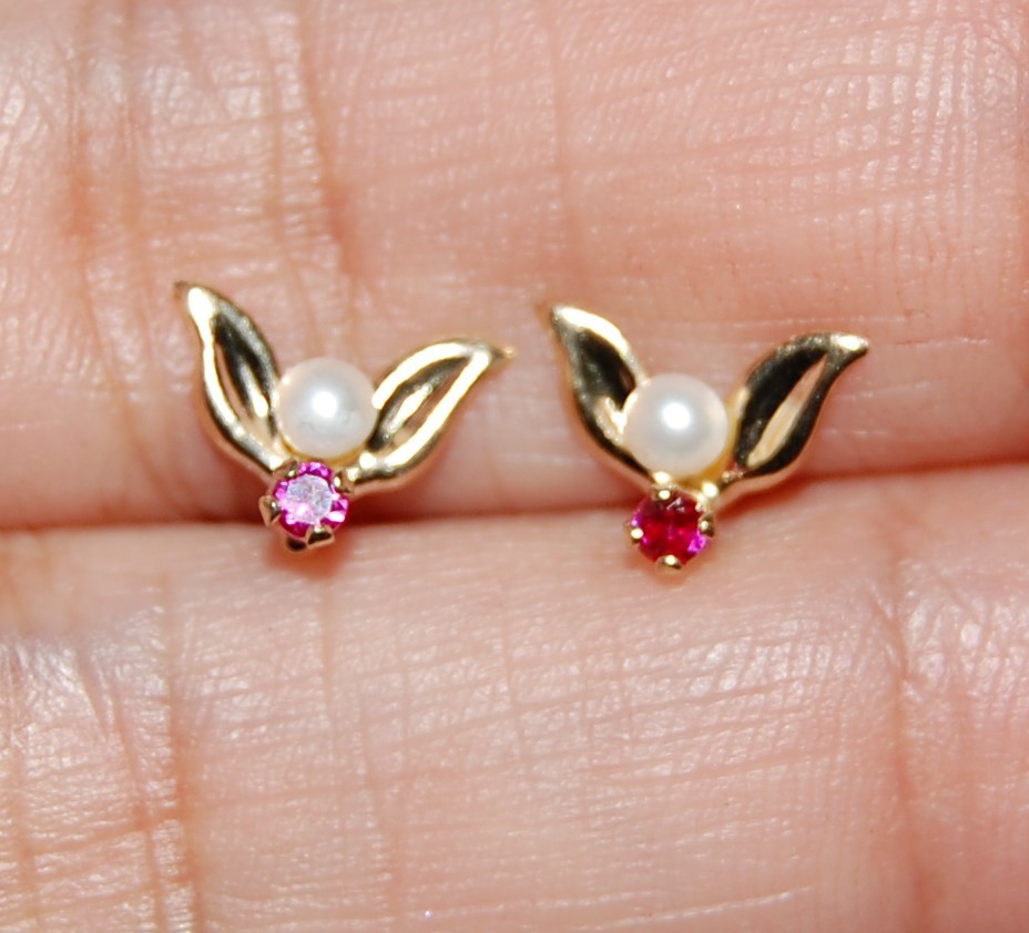 10K Solid Yellow Gold Studs Earrings Ruby Pearl G… - image 2