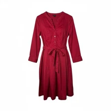 Talbots Red Cranberry Midi Dress with Belt Button Front 3/4 Sleeve Size 10