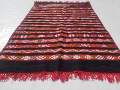 Vintage Traditional Handmade Moroccan Wool Red Kilim Rug 4.9x2.3ft