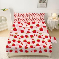 Pink Strawberry Sheet Set: Cute Strawberry Bedding Set Full/Queen Size for Wo...