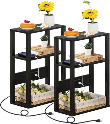 3-Tier Small Narrow Wood Side Table with Charging Stat - Skinny