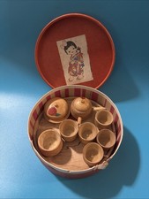Vintage Painted Wood Child  s Miniature Peach Toy Tea Set Japan Original Box
