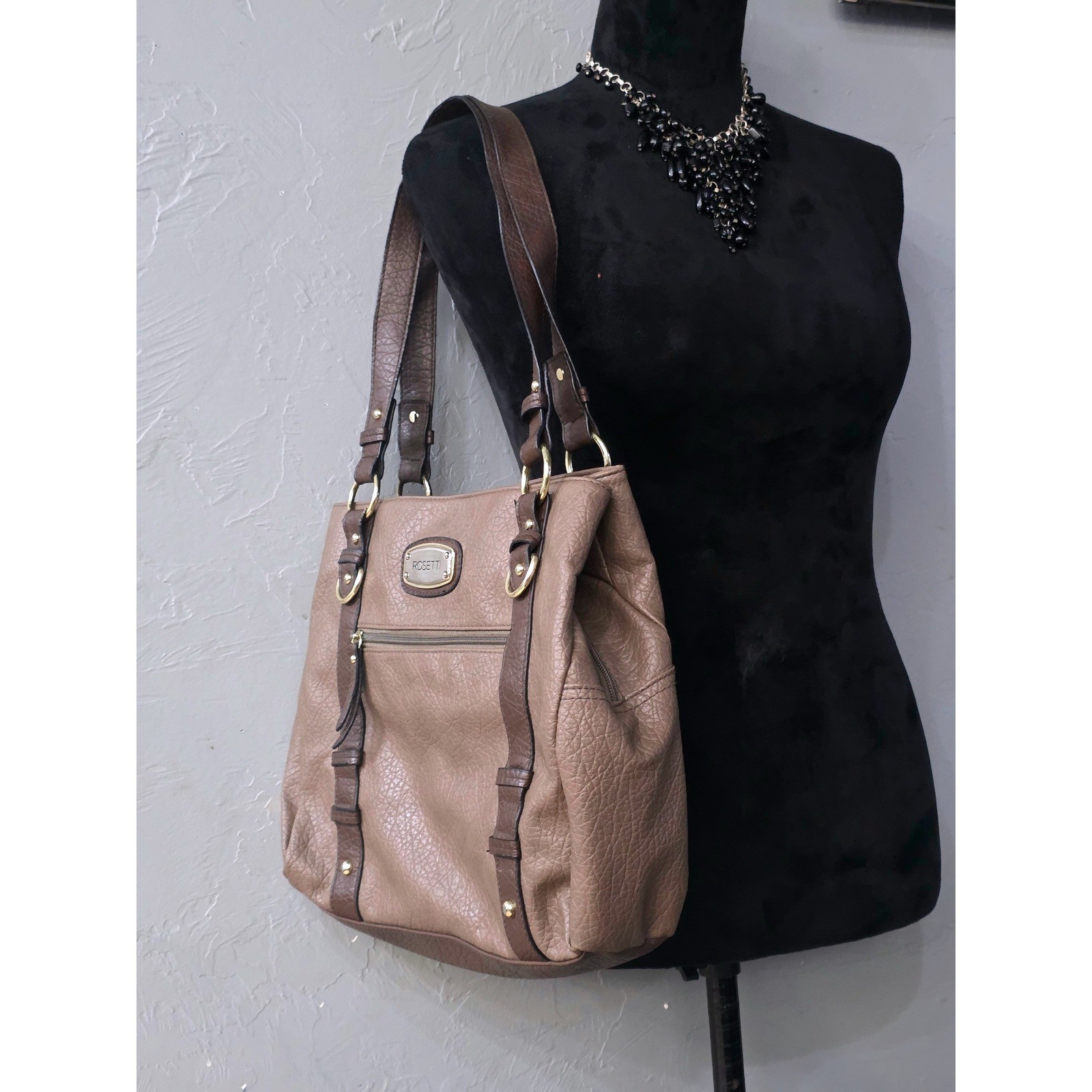 Rosetti Womens Taupe Brown Faux Leather Triple Compartment Shoulder Bag Tote