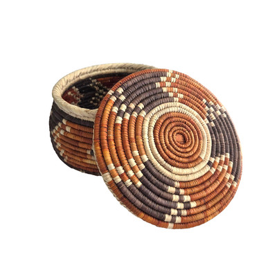 Vintage Coil Covered Basket with Lid Orange Brown Woven 9'' Wide