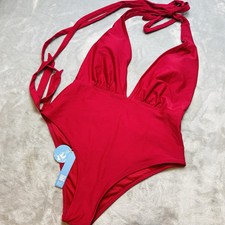 Cupshe Plunge Halter One Piece Swimsuit Womens XL Red Padded Bra Hi Cut NWT