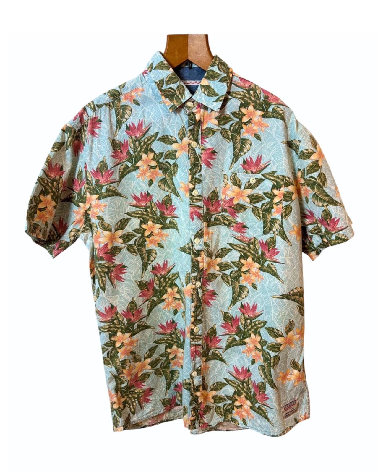 Vintage Floral Shirt Hawaiian Tropical Blue Green Button-up Chest Pocket - Large