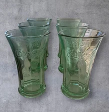 Vtg Coca Cola Glasses Libbey Green Flared 16 Oz Tumblers Heavy 1980s Set of 6 