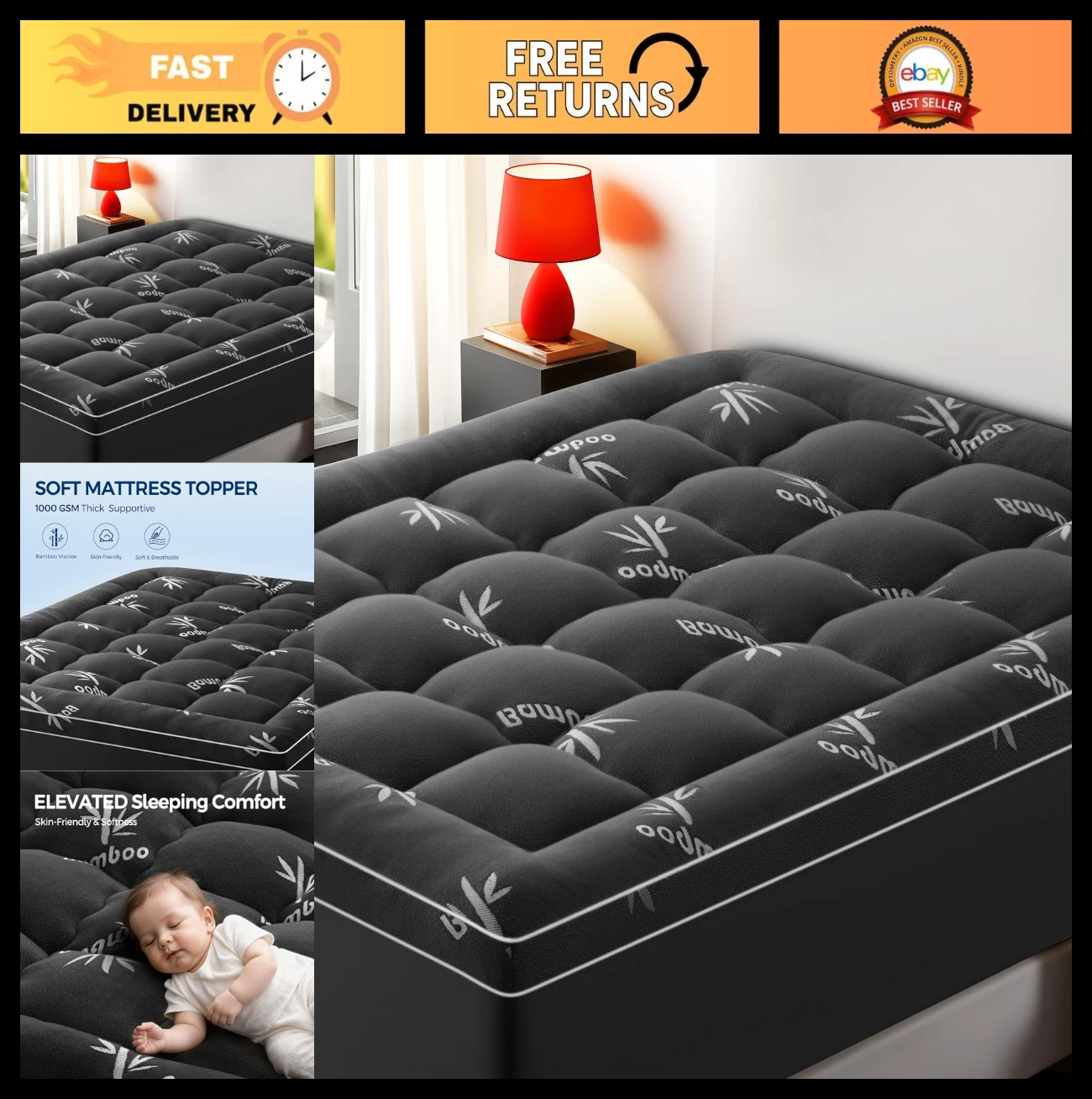 King Size Cooling Bamboo Mattress Topper Quilted Deep Pocket Dark Gray