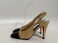 Vtg Chanel Late 70s Early 80s Beige Bi Color Leather Slingback Heels 5.5