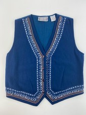 Vintage Wool Blend Bonjour Embroidered Blue Button Vest Folk Boho SZ 18W