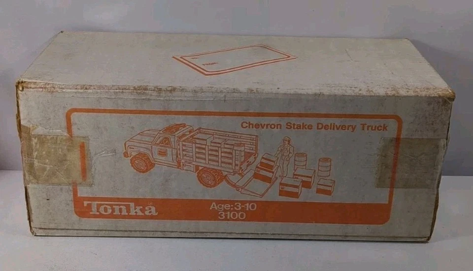 Camión de reparto Tonka Chevron Stake #3100 1982 vintage nuevo con accesorios N.I.B Foto 3 de 4