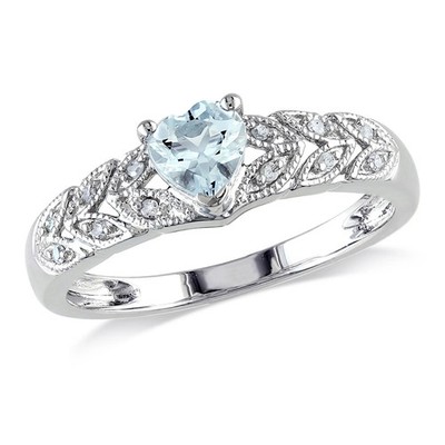 Amour Sterling Silver Aquamarine and Diamond Accent Heart Ring