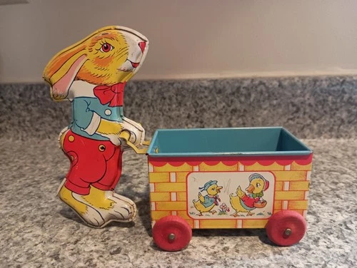Vtg Chein Tin Easter Bunny Pushing Cart 5" x 6 1/2" Wood Wheels No Rust Clean
