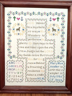 Vtg Large Cross Stitch Sampler God Moves Mysterious Ways Handmade Framed 1986 23
