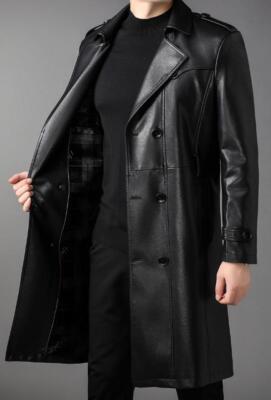Mens Business Real Leather Trench Coat Mid Length Double-breasted