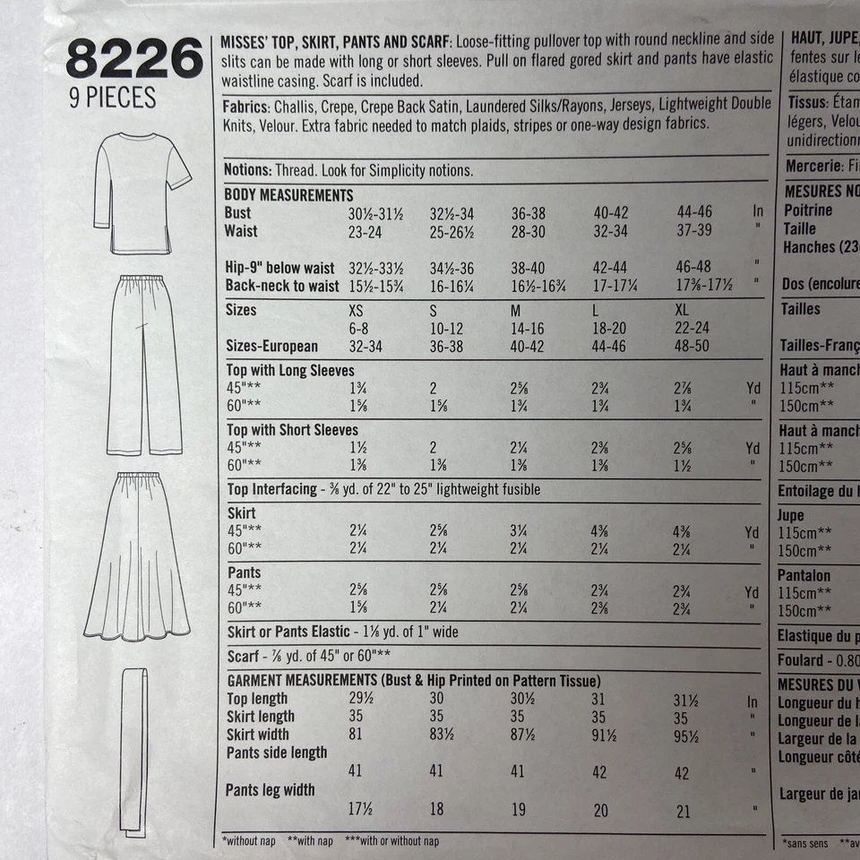 Simplicity Sewing Pattern 8226 Size AA XS S M Top Skirt Pants & Scarf VTG - Image 4 of 4