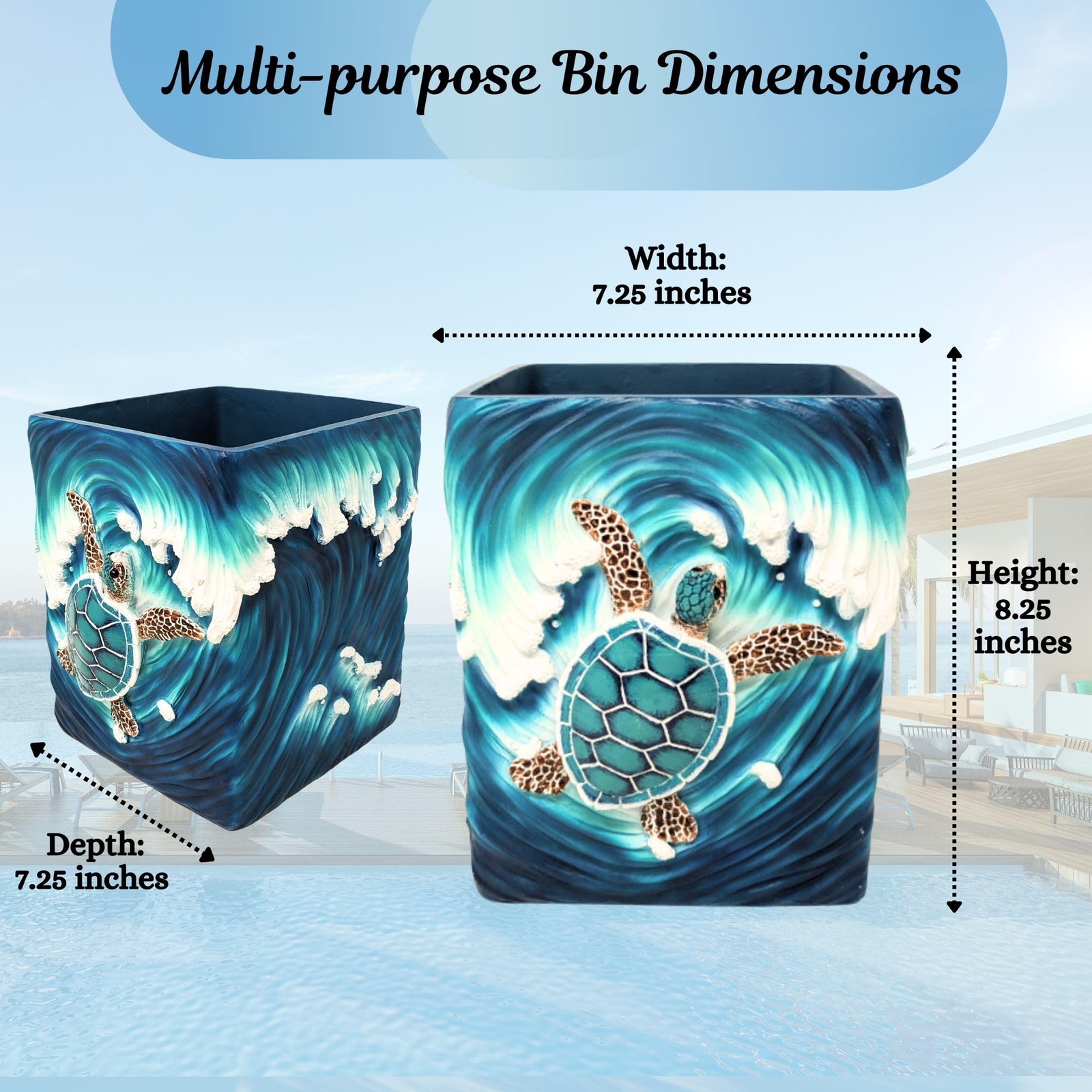 Sea Turtle Wave Trash Bin – Nautical Ocean-Inspired Wastebasket Décor ...
