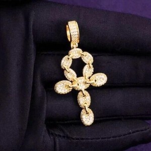 Authentic 3Ct Round Cut Lab Created Diamond Ankh Cross Men Pendant 14K Yellow Gold Plated