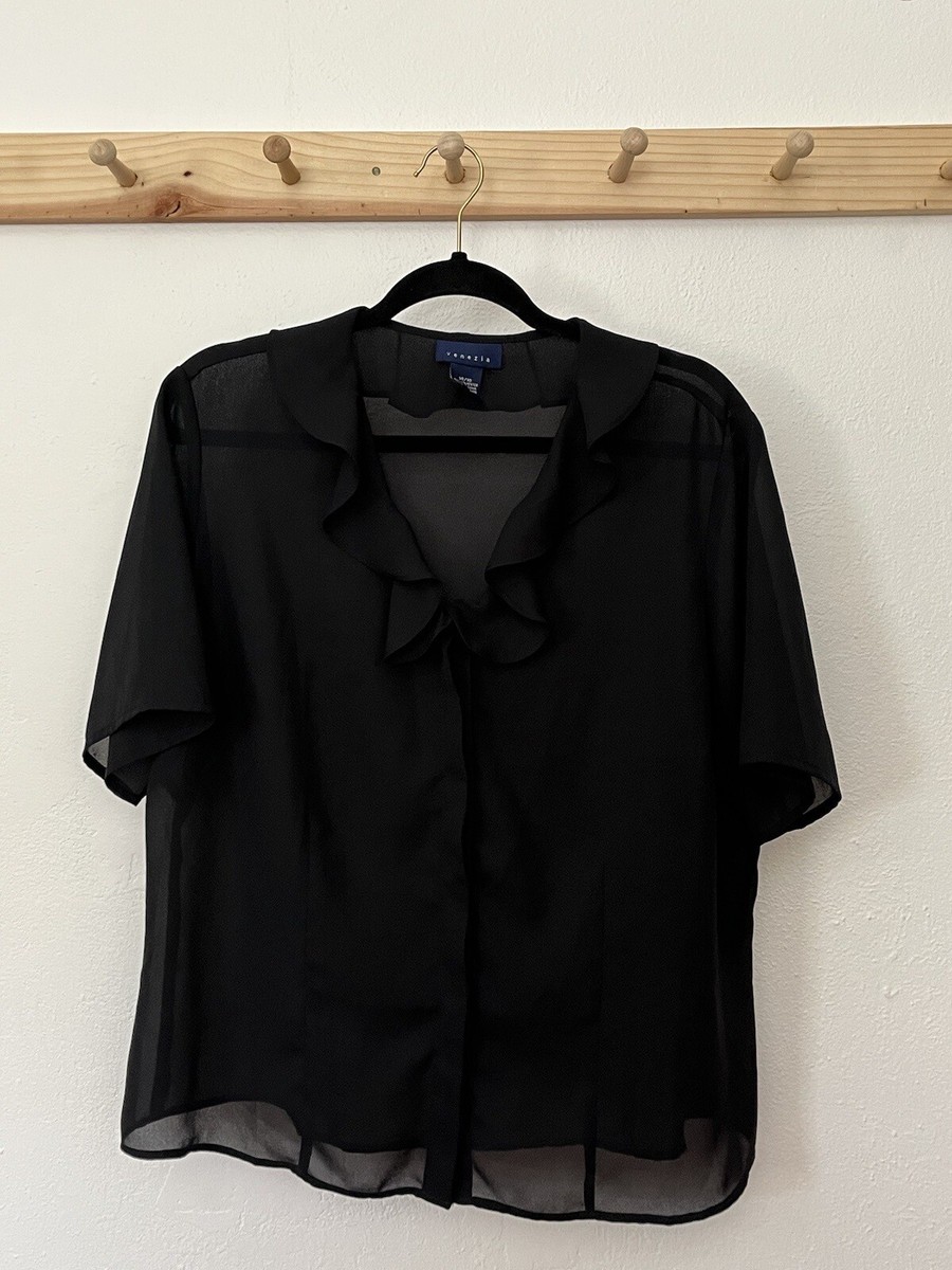 Venezia sheer black button up blouse, short sleeve & ruffle v-neck