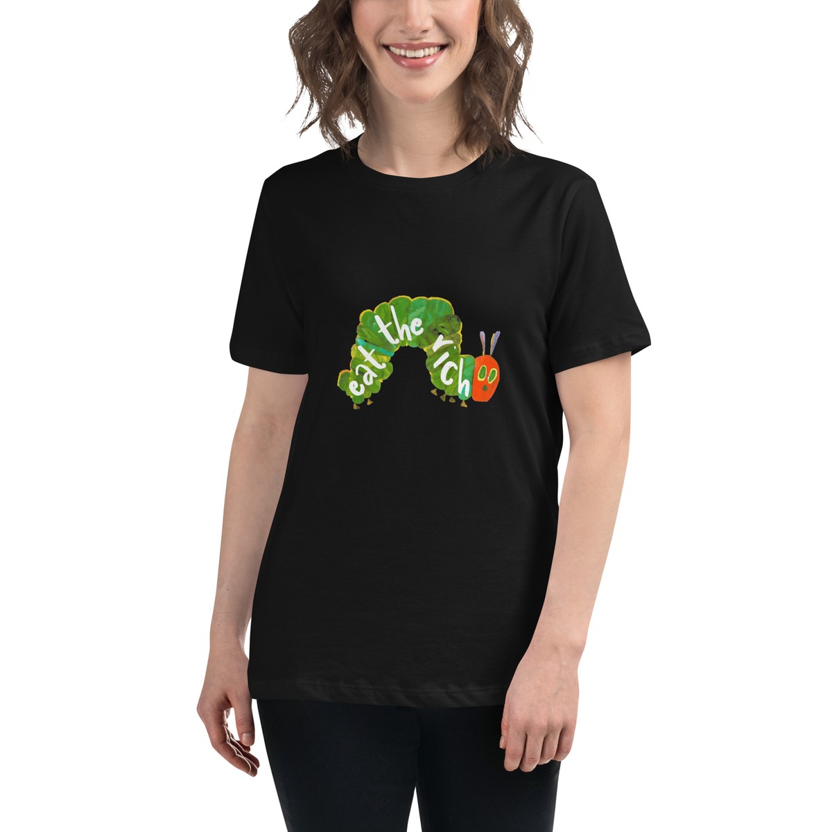 Eat The Rich Hungry Caterpillar Mannen Dames Uniseks Baggy T-shirt Zwart Men Women Unisex Black