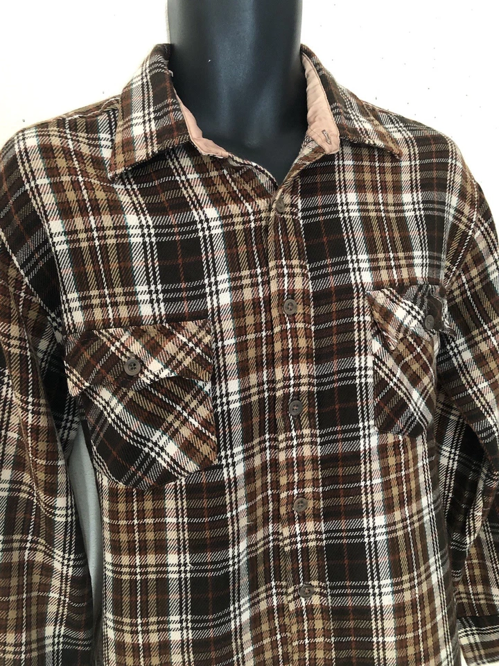 JC Penny’s Men’s Store Vintage Flannel Shirt Size Large Brown Plaid Two Pocket - Image 3 of 4