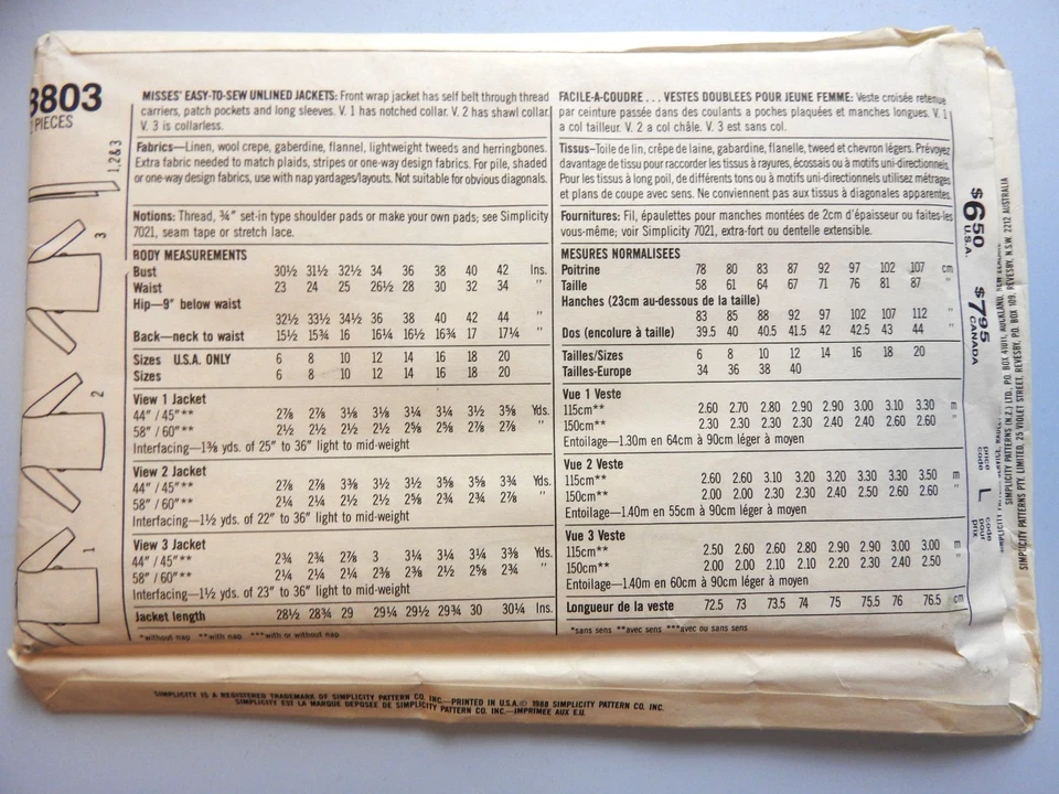 Simplicity 8803 sewing pattern Easy Sew Unlined Jackets sz 14-20 UNCUT FF 1988 - Image 2 of 2