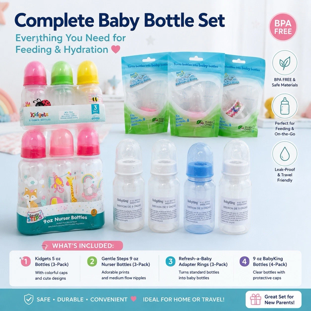 Baby Bottle Lot BPA Free Newborn Feeding Set Kidgets Gentle Steps BabyKing 13 Pc
Opens in a new wind