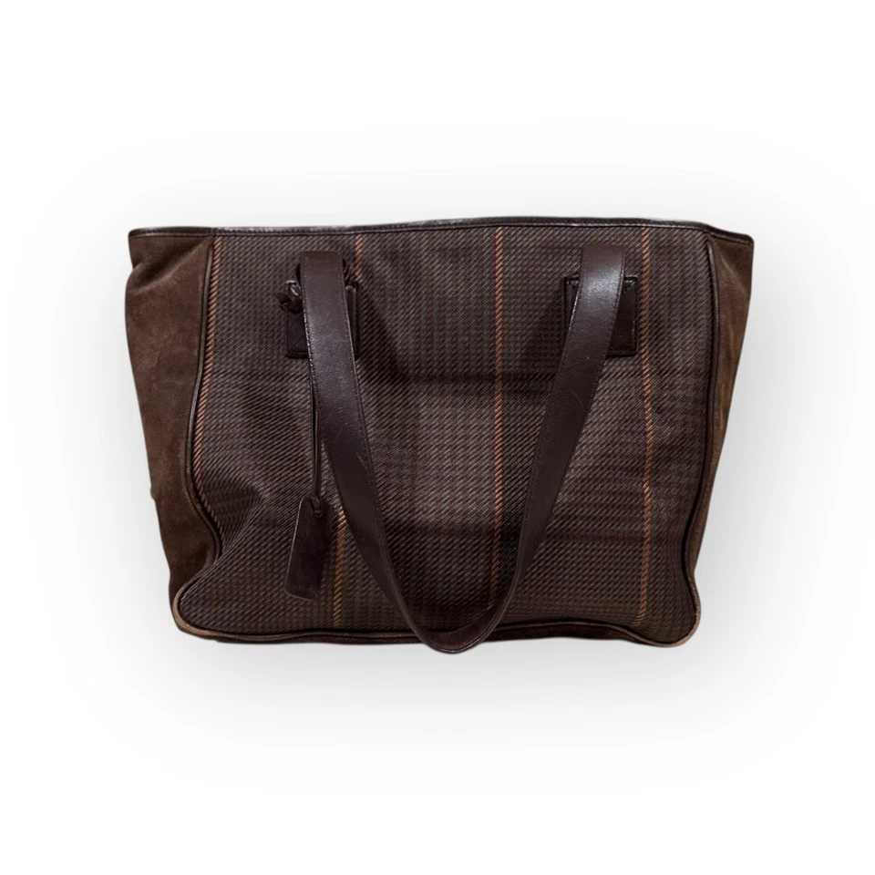 Bolso de Mano Vintage Años 90 Lauren Ralph Lauren Marrón/Verde Glen Cuadros Borde Gamuza Foto 2 de 4
