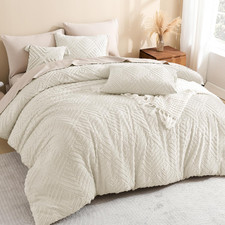 King Size Comforter Set Beige, 3 Pieces Cream Tufted Boho Farmhouse Bedding Comf
