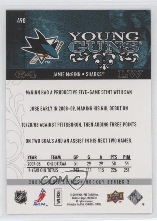 2008-09 Upper Deck Young Guns Jamie McGinn #490 Rookie RC - Image 2 of 2