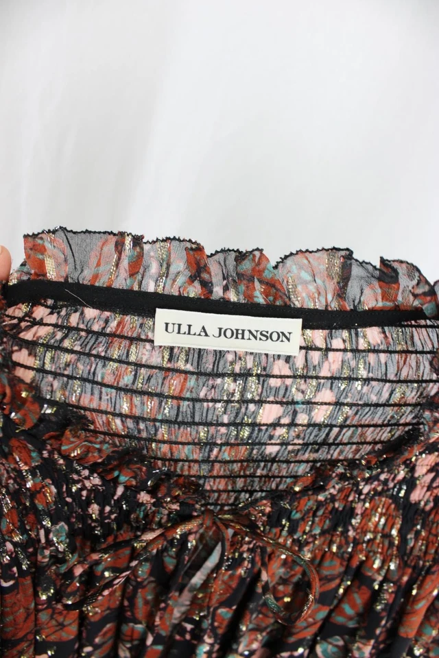 Ulla Johnson Women's Brown Black Multi Print Metallic Smocked Silk Blend Dress 2 - Image 3 of 4